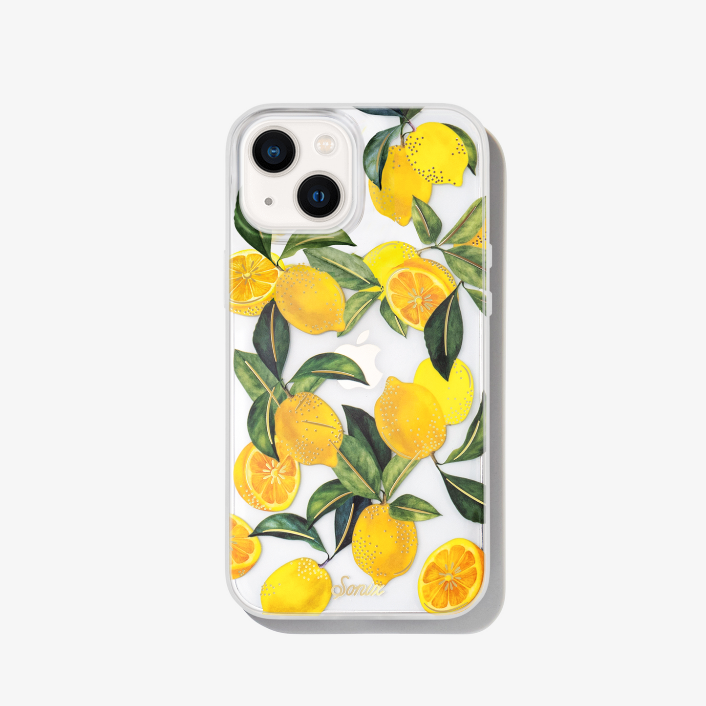 Lemons with green foliage and gold foiling shown on an iphone 12
