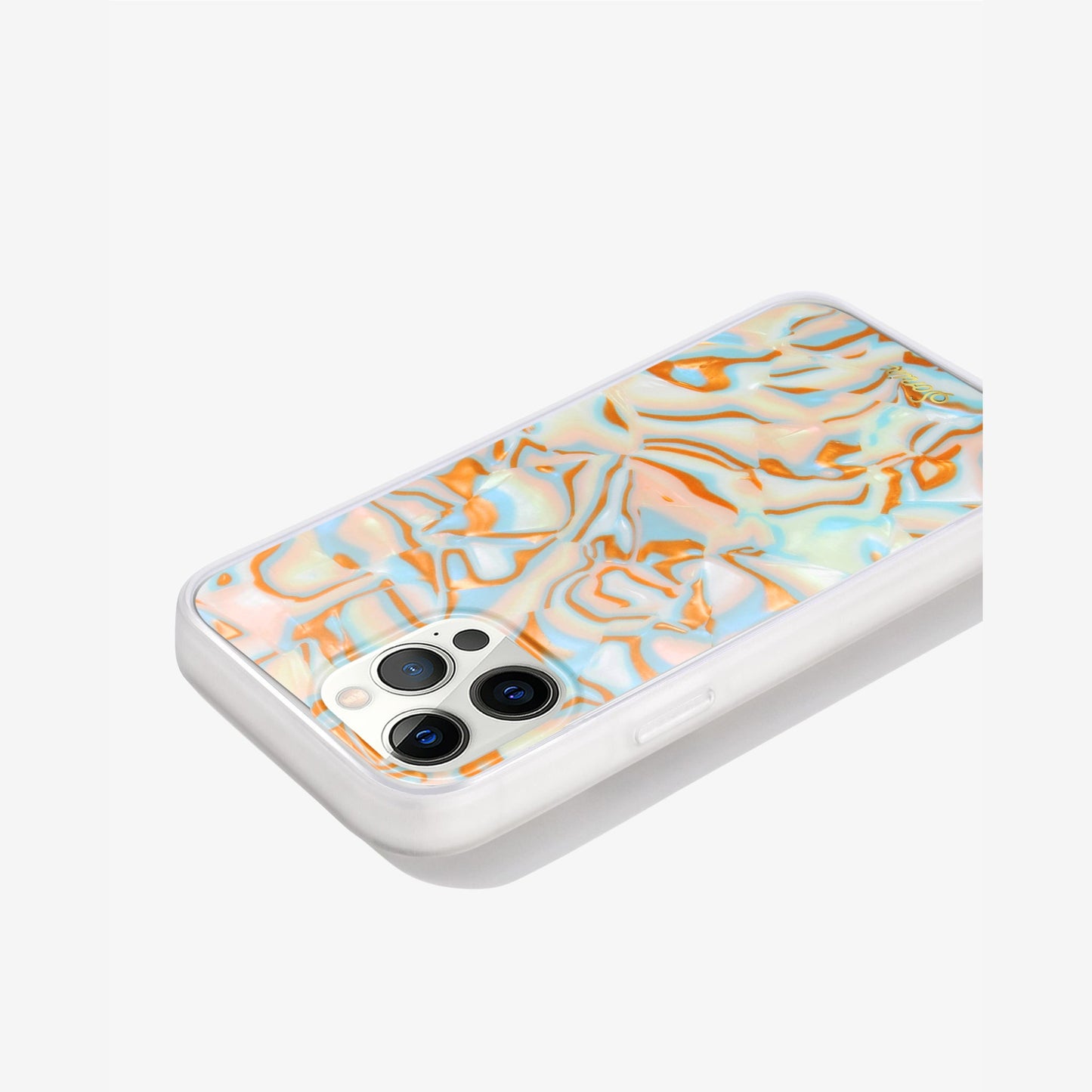 metallic oranges, blues, and cream colors in a wavy 70's pattern shown on an iphone 13 side view