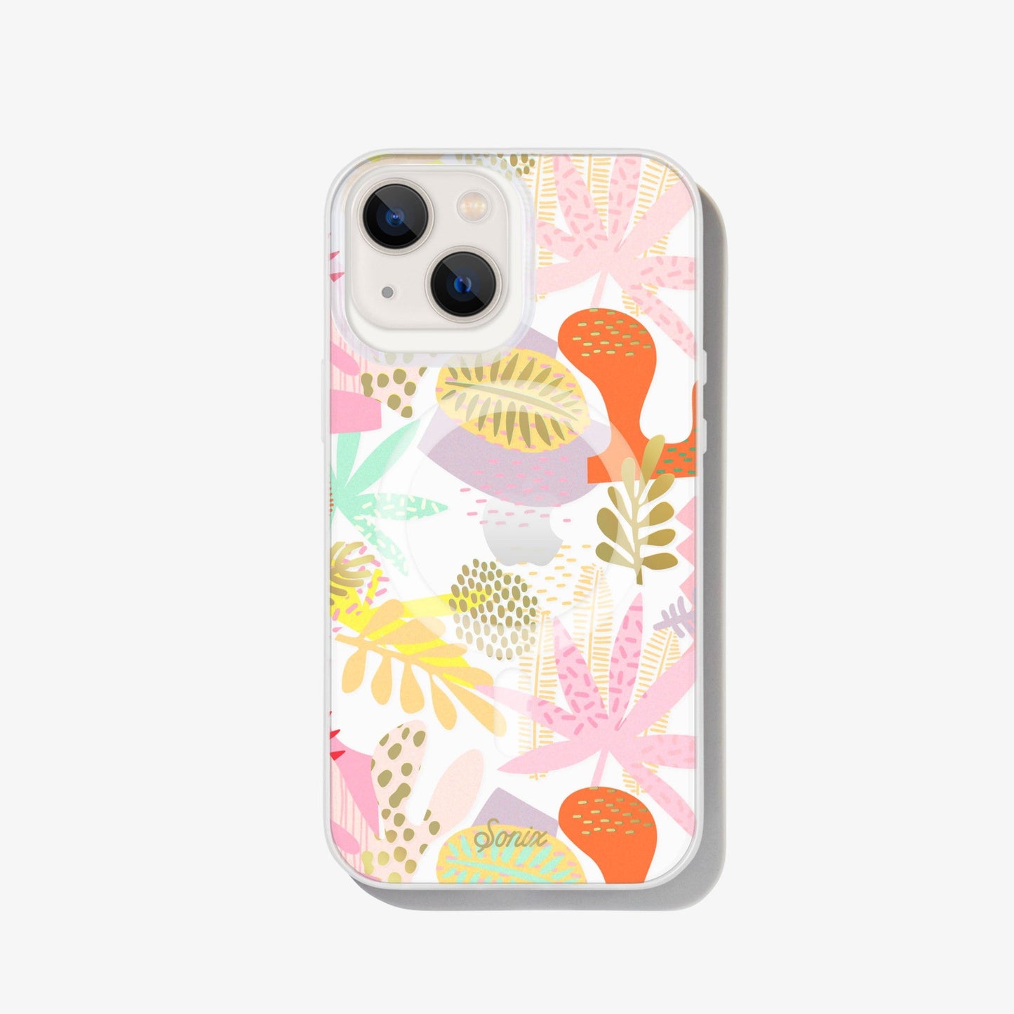 a collection of earthy shapes and forms, like plants and flowers to create a composition of playful abstract art with gold foil details shown on an iphone 13