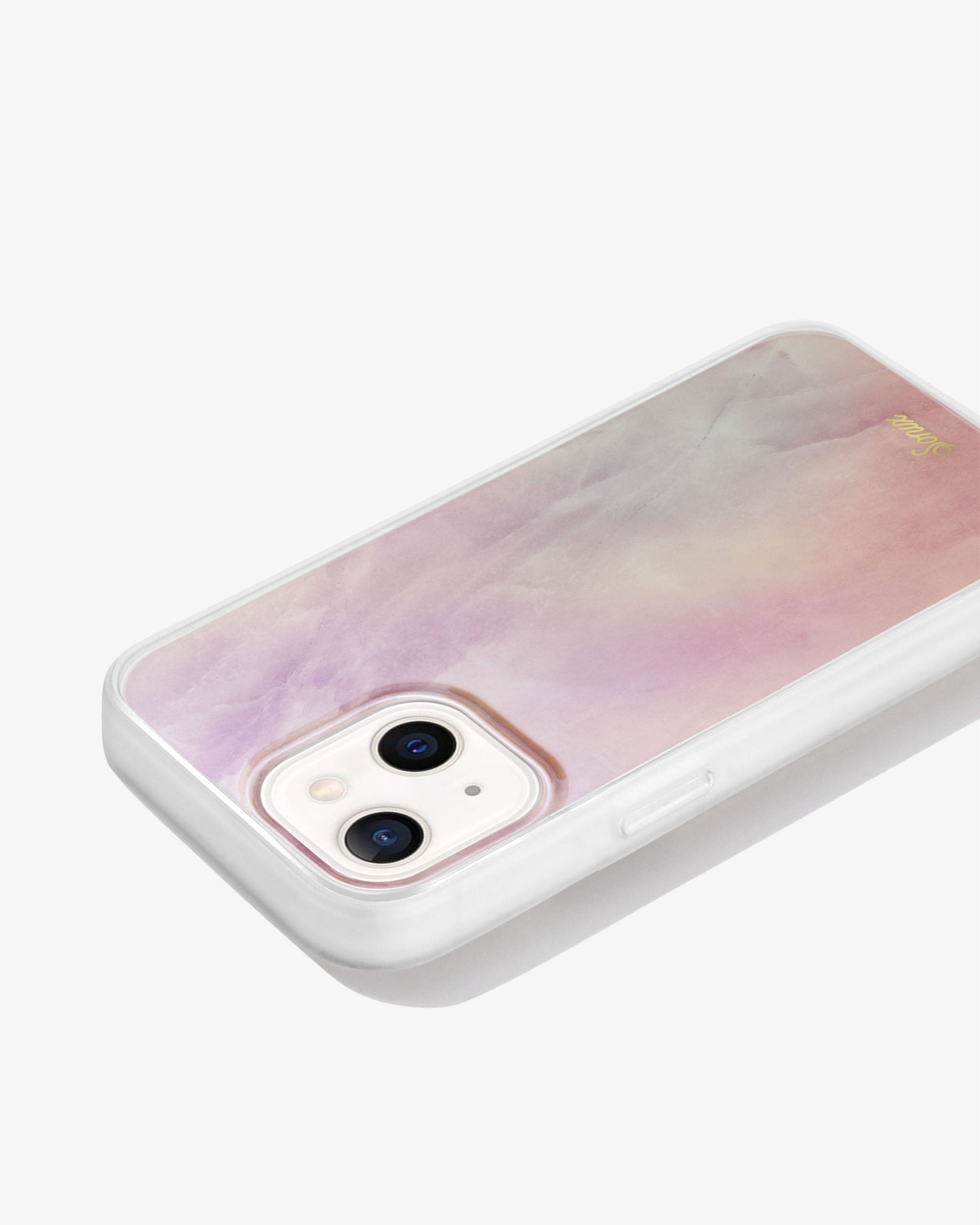 a gleaming pearl design with a pink finish shown on an iphone