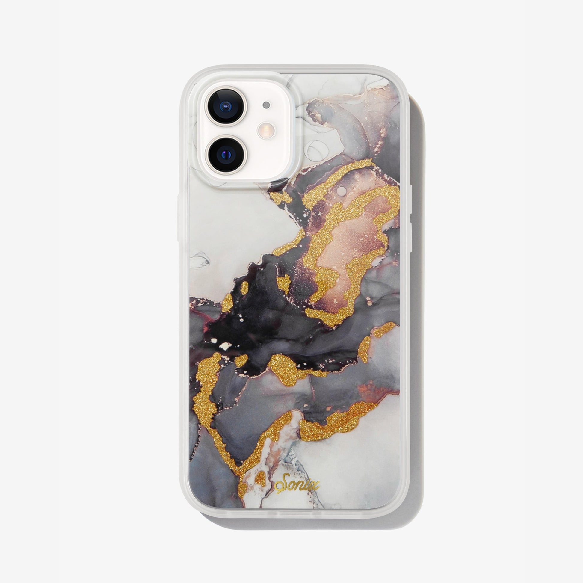 an intergalactic purple and dark colored design with gold glitter to bring out-of-this-world elements shown on an iphone 12