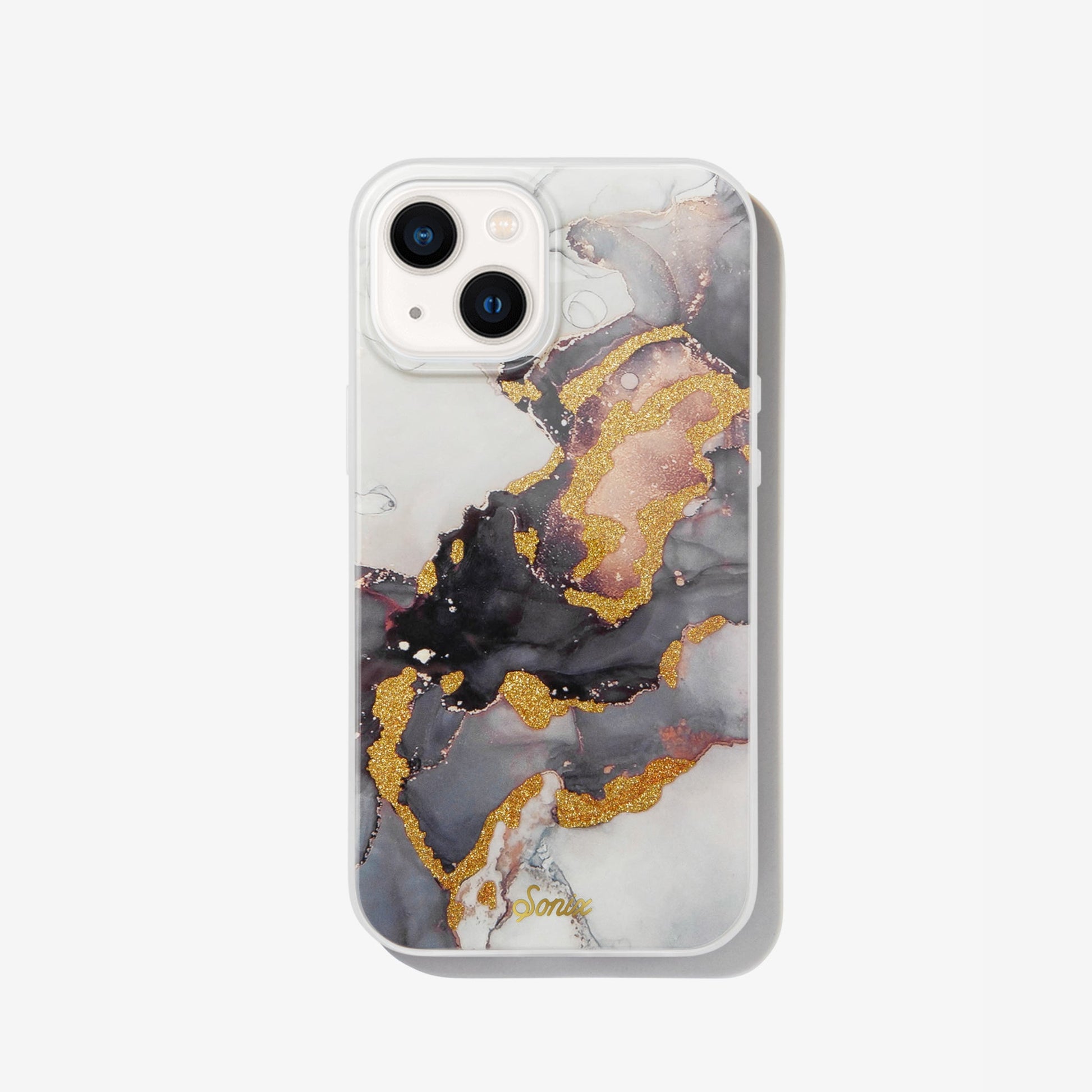 an intergalactic purple and dark colored design with gold glitter to bring out-of-this-world elements shown on an iphone 12 pro
