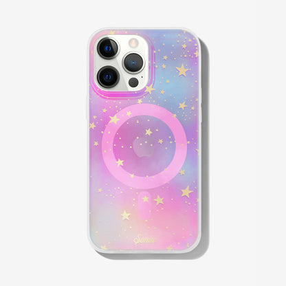 Our clear case with signature iridescent finish featuring gold foil stars shown on an iphone 12
