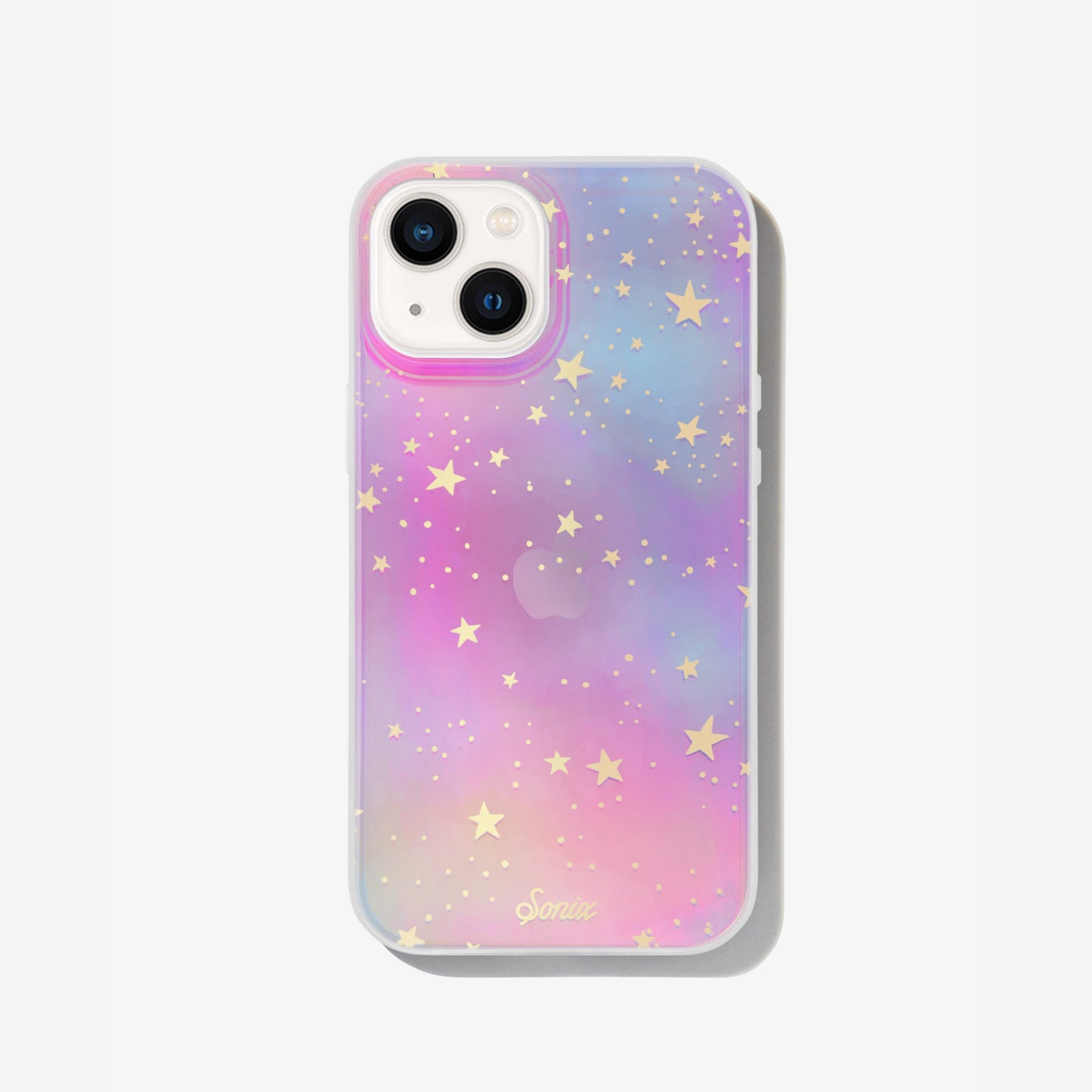 Our clear case with signature iridescent finish featuring gold foil stars shown on an iphone 13 