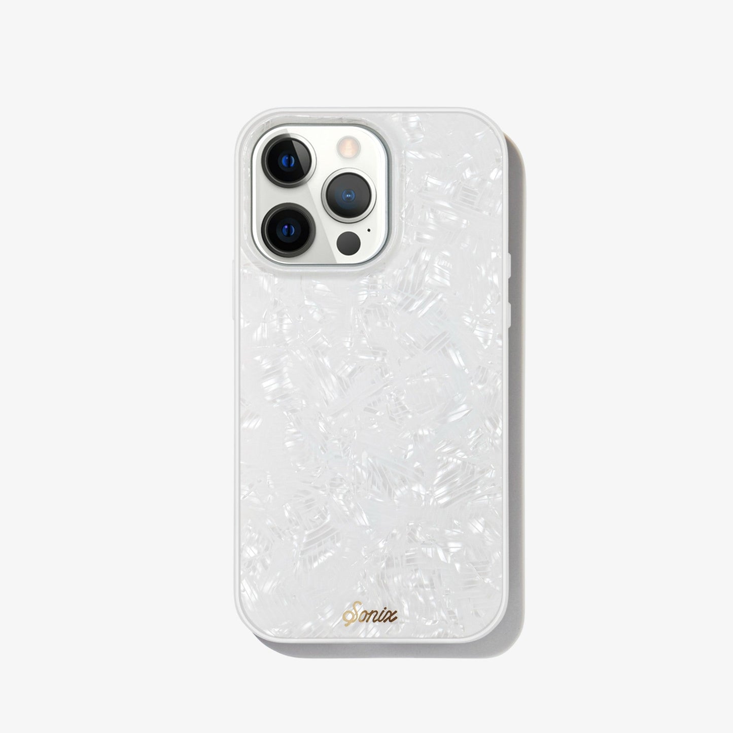 lustrous, gleaming pearl case shown on an iphone 12