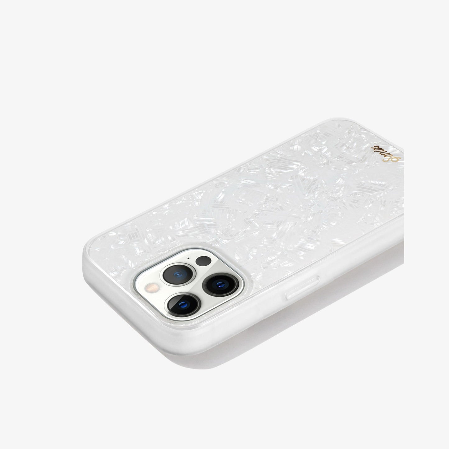 lustrous, gleaming pearl case shown on an iphone 12 side view