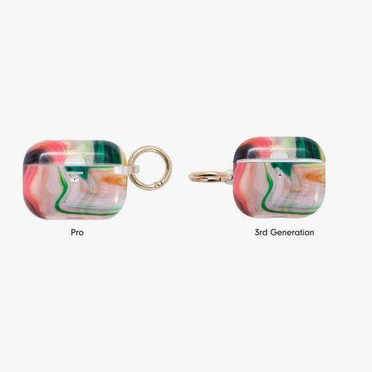 shades of red, blue, green, orange, yellow, and purple, marbled print shown on airpods pro and 3rd gen airpods