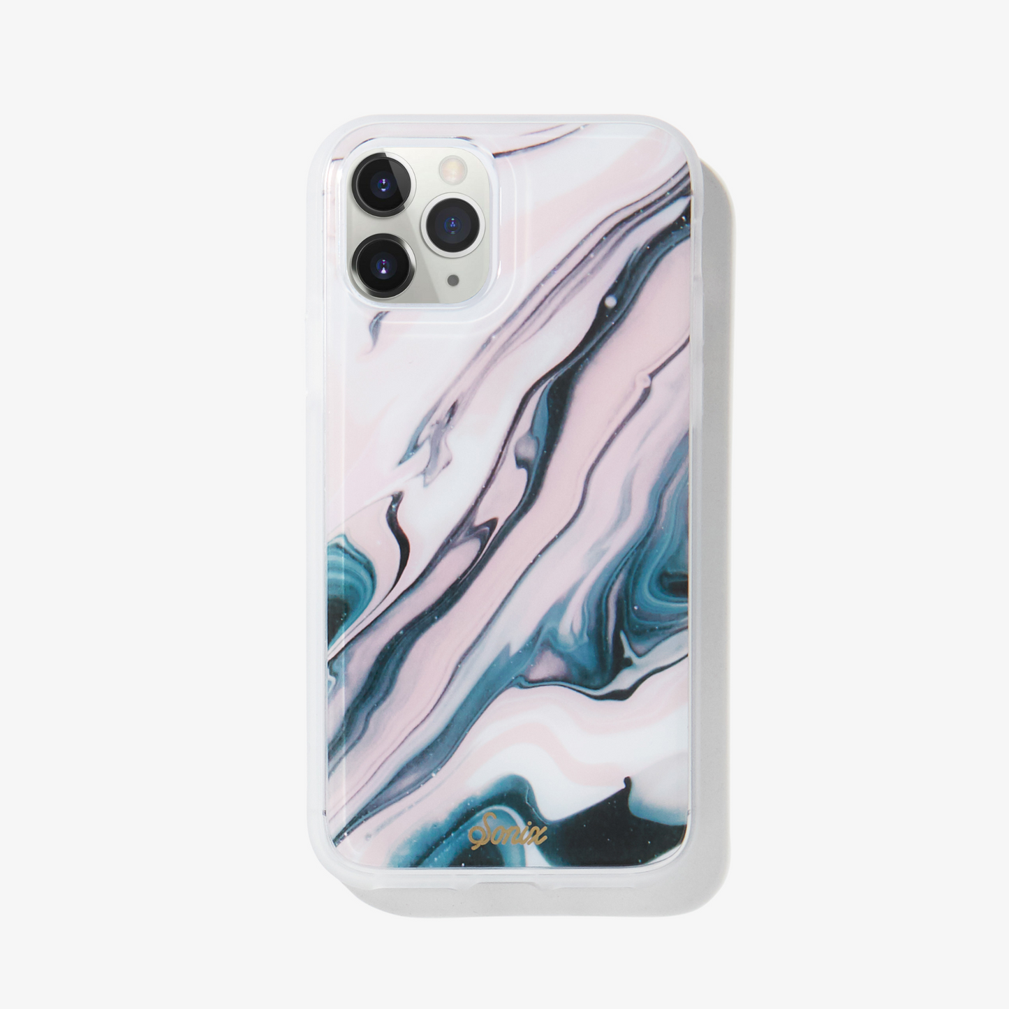 Quartz iphone case featuring pink marble quartz design on white iphone 11 pro