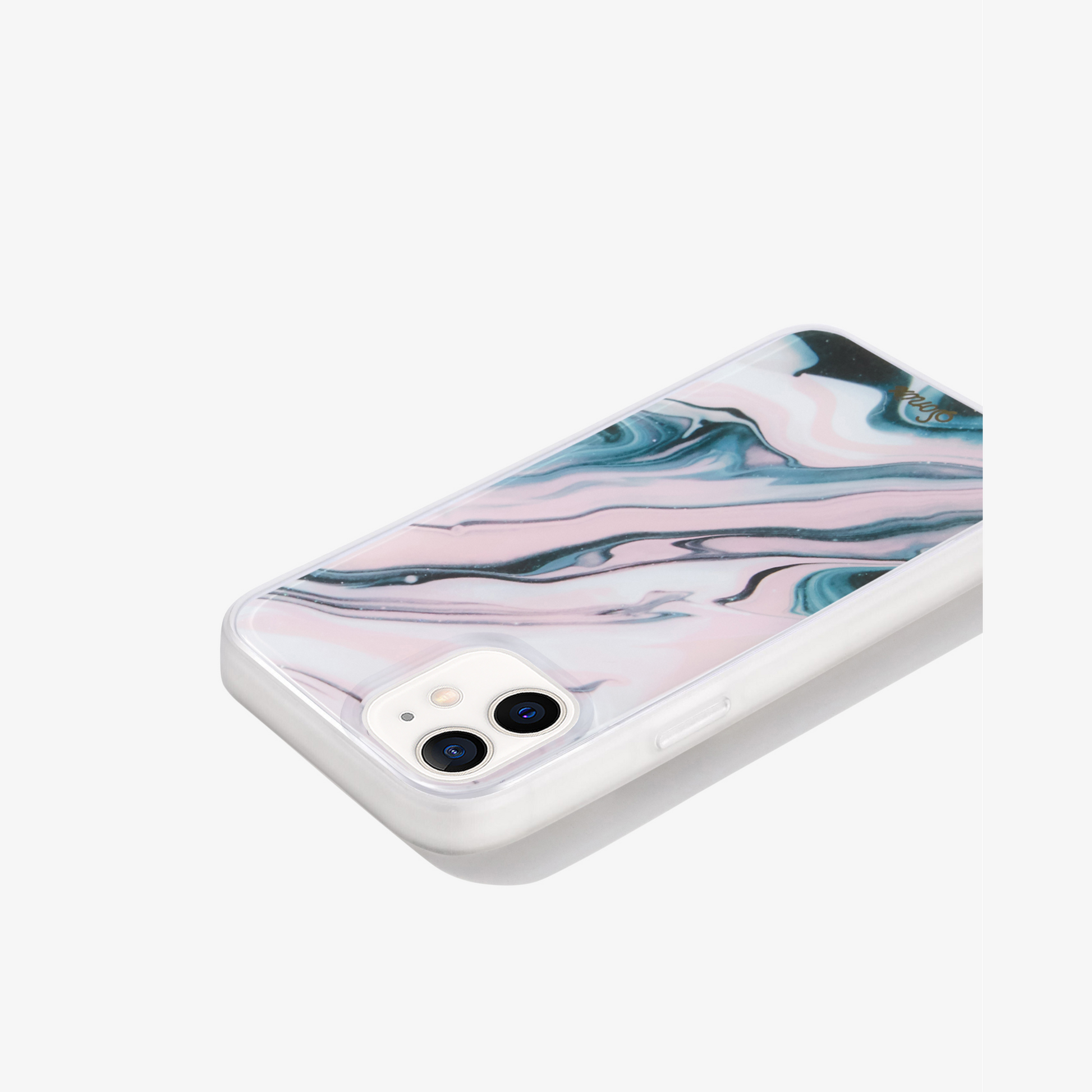 Quartz iphone case featuring pink marble quartz design on white iphone 12