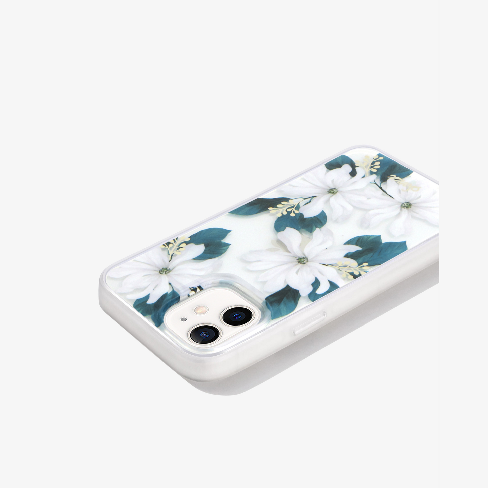 delicate white flowers with gold foiled pollen details shown on an iphone 12