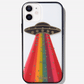 a rainbow ufo design and the words "give me space" with gold foiling and a black bumper shown on an iphone 12
