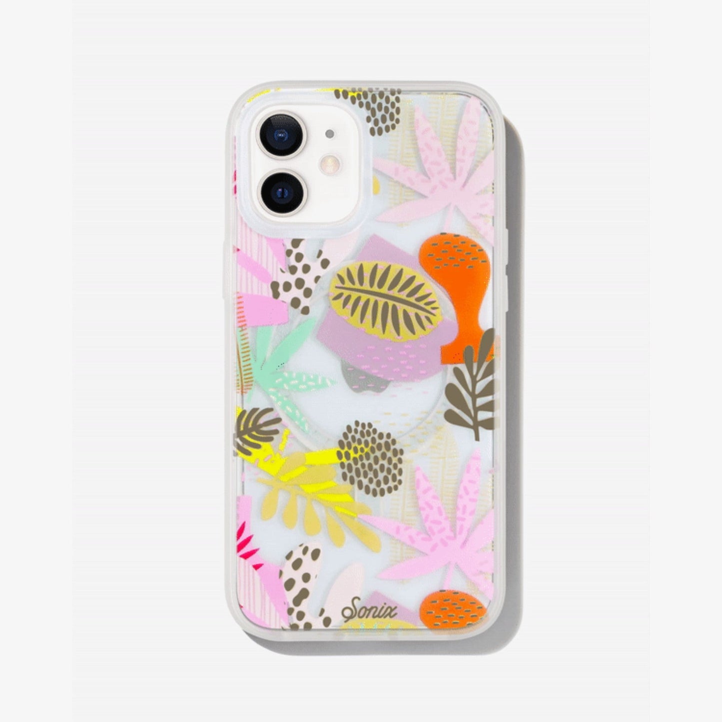 a collection of earthy shapes and forms, like plants and flowers to create a composition of playful abstract art with gold foil details shown on an iphone 12