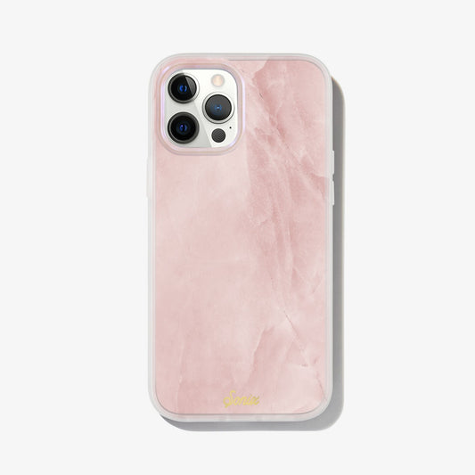 a gleaming pearl design with a pink finish shown on an iphone 12 pro