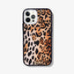 Leopard print case with black bumper modeled on a white iphone 12 pro